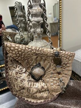 Maya Beige Croc-Embossed Crossbody Bag with Decorative Stone w silver distressed